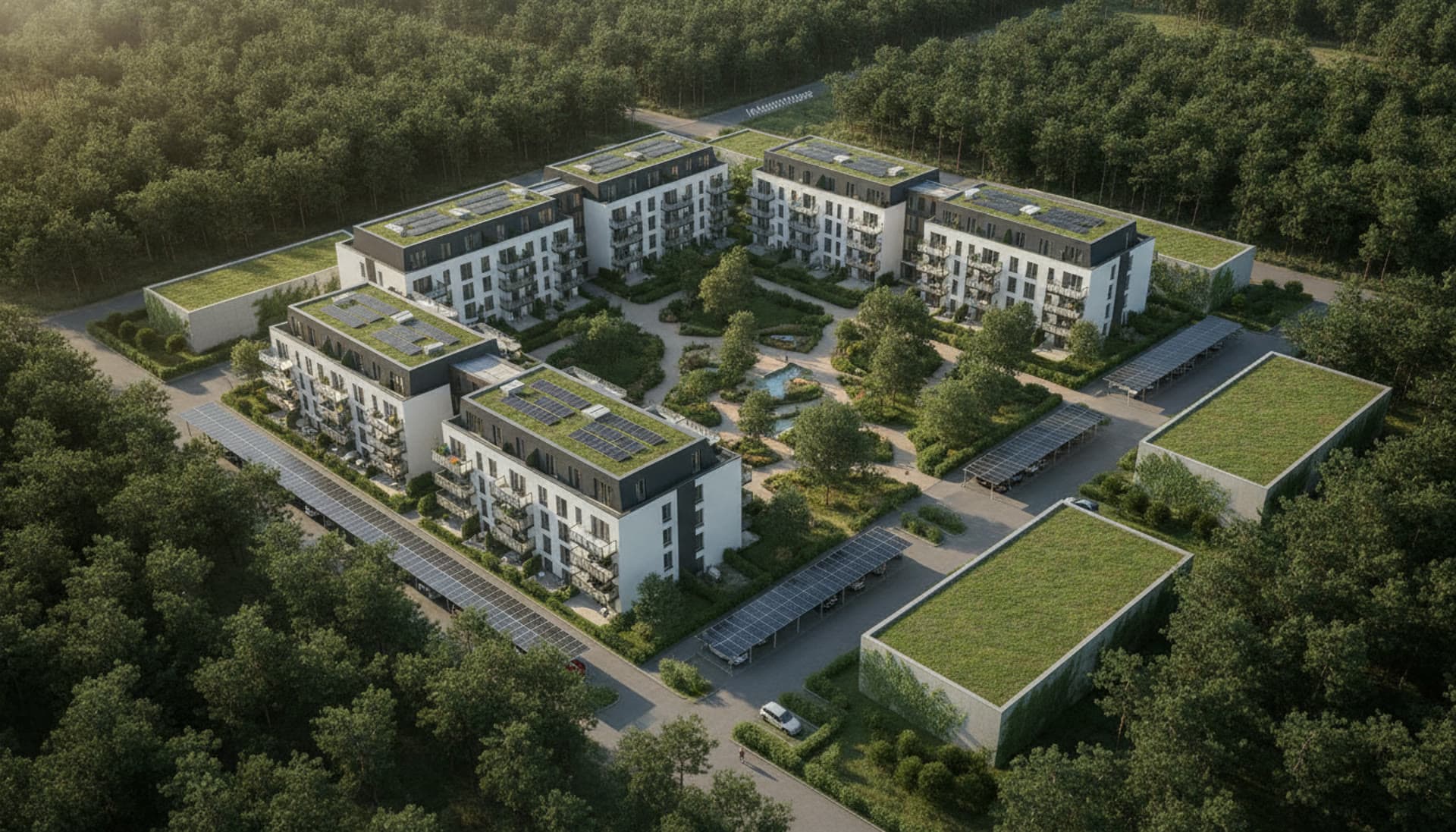 Vollausbau-Impression — Campus mit begrünten Dächern und PV