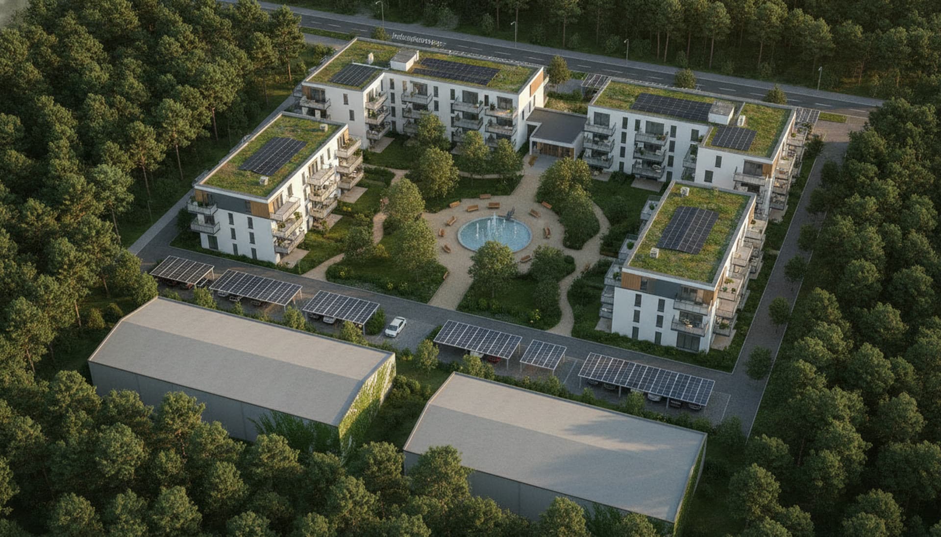 Vollausbau-Konzept Vogelperspektive (illustrative Impression) — Service-Apartments / Seniorenheim-Campus, Bestand am Wald bleibt